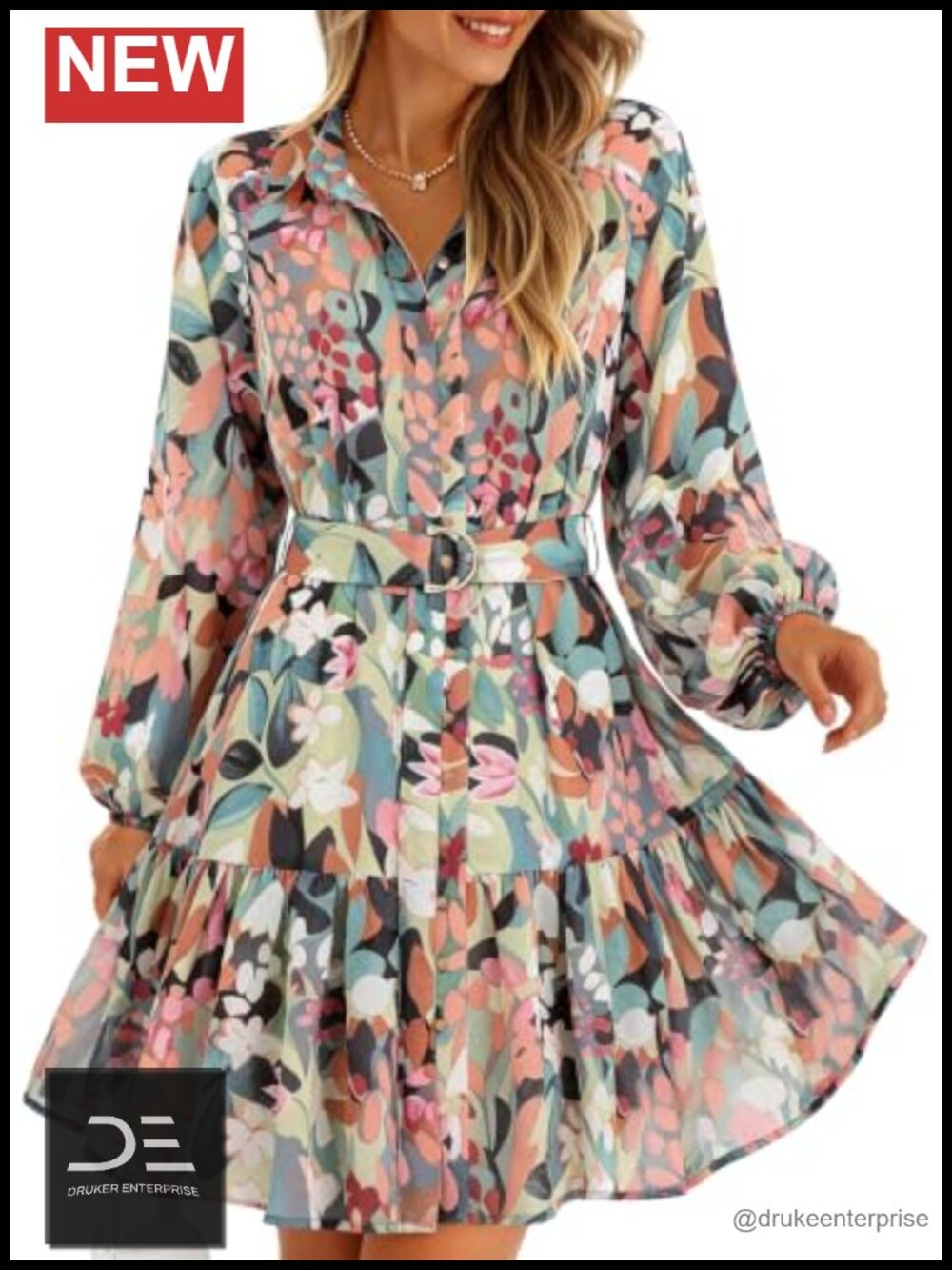 Womens Floral Chiffon Mini Dress Long Sleeve Button Down Belted